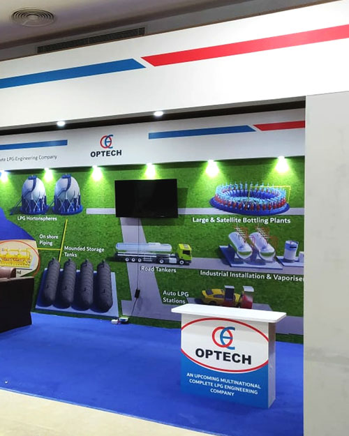Exhibition stall area design, company profile brochures, seating area design Optech Engineering Ltd